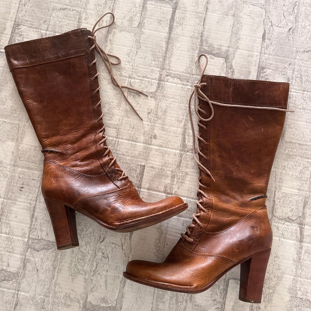 VTG Frye Villager Distressed Brown Leather Lace Up Heeled Boots Victorian Goth 9